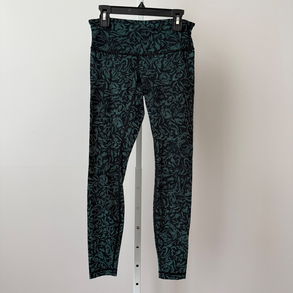 Lululemon sz 4 Wunder Under Leggings Black Teal Floral Abstract Athletic Workout